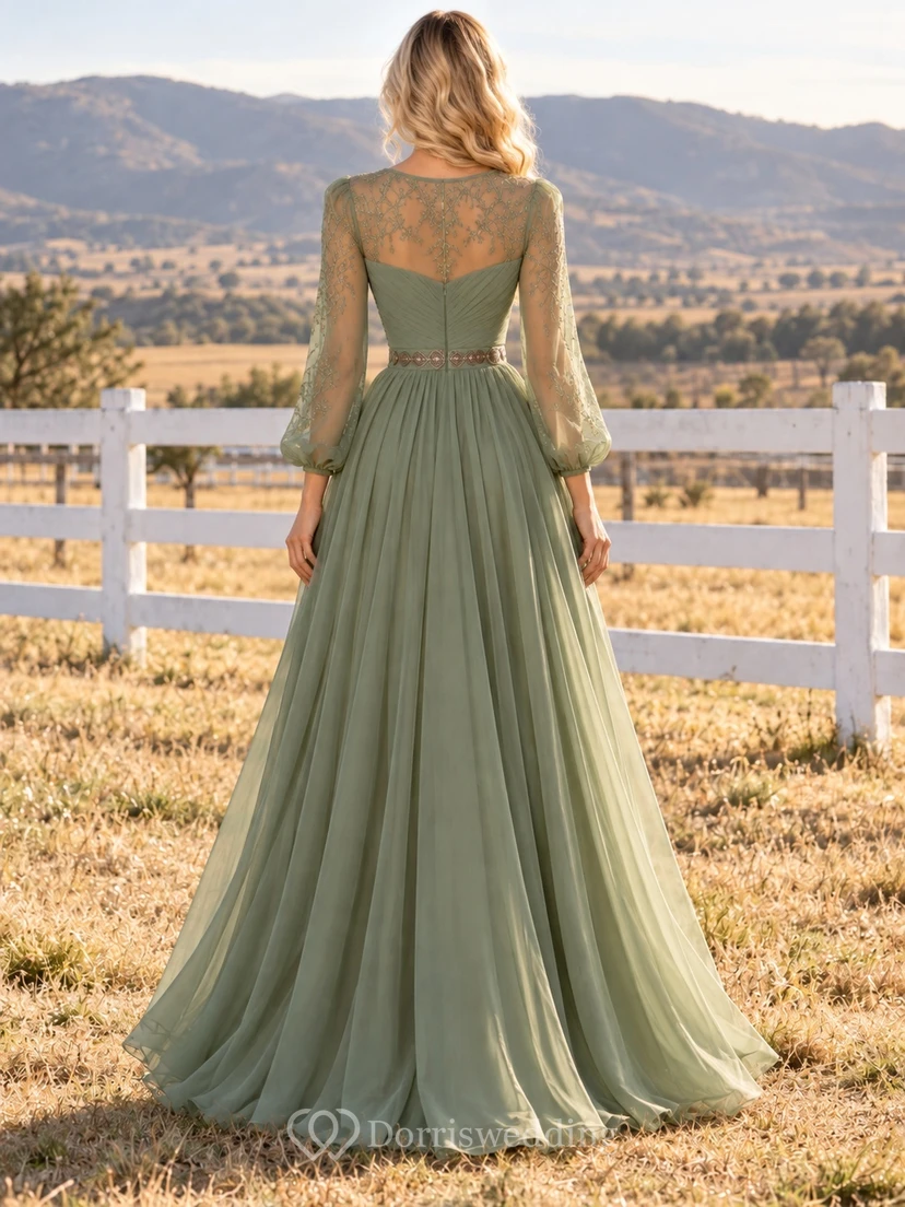Western Sage Illusion Long Sleeve Chiffon A-Line Formal Dress view 2