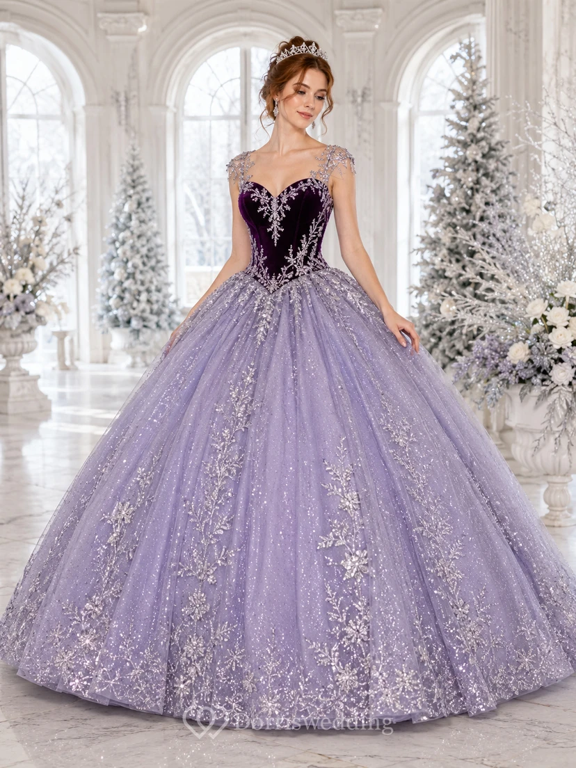 Robe de bal de princesse Quinceañera en velours et dentelle argentée, style hivernal, manches illusion, bonnet lavande.