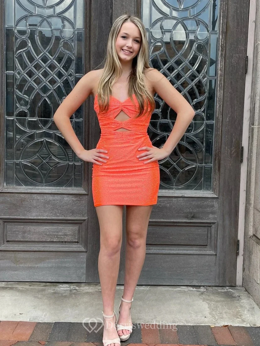 Bright Orange Sequined Strapless Dress view 3
