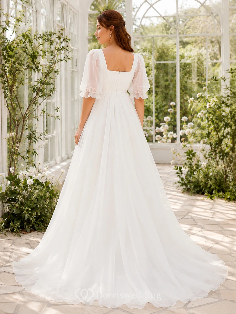 Maternity Wedding Dress Square Neck Puff Sleeve Simple Garden Bridal Gown with Train view 2