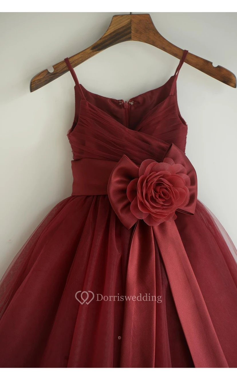 Criss-cross Bodice Spaghetti Straps Pleated A-line Tulle Long Dress With Flower view 3