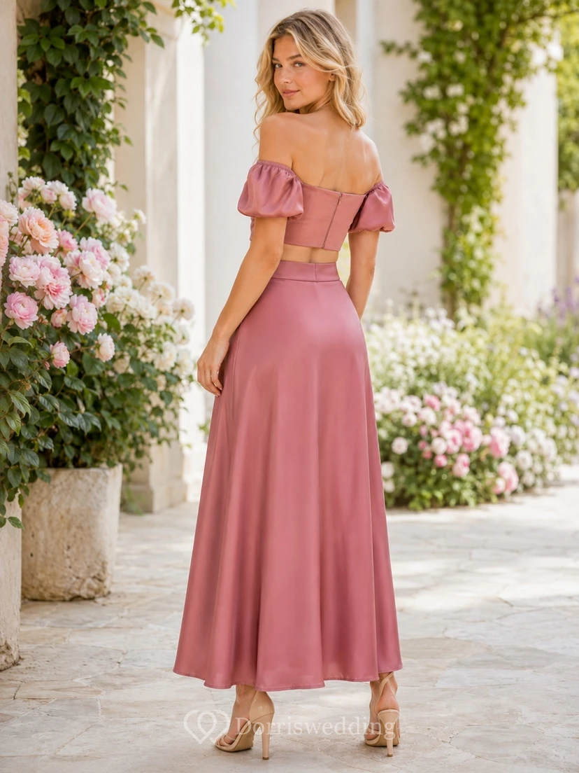 Two Piece Dusty Rose Off-Shoulder Puff Sleeve Satin Ankle-Length Dress view 2