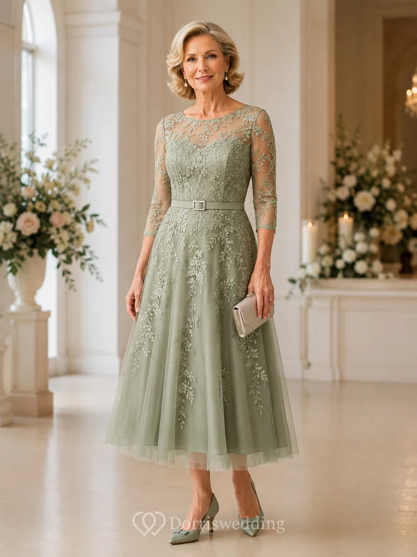 A-Linien-Kleid aus Tüll mit wadenlanger Silhouette, 3/4-Ärmeln und Perlenstickerei