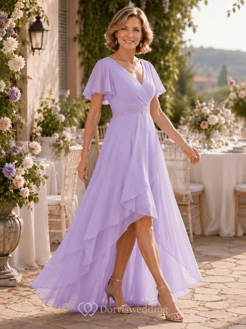 Lilac High-Low Chiffon Mother of the Bride Dress with Flutter Sleeves view 2