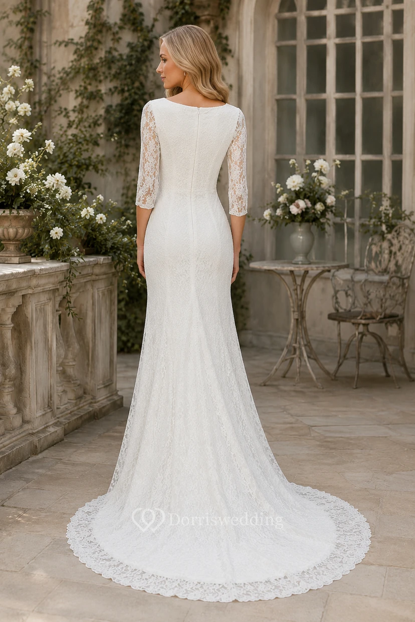 Ländlich-klassisches, schlichtes Brautkleid im Boho-Stil mit Spitze und langen Ärmeln view 3