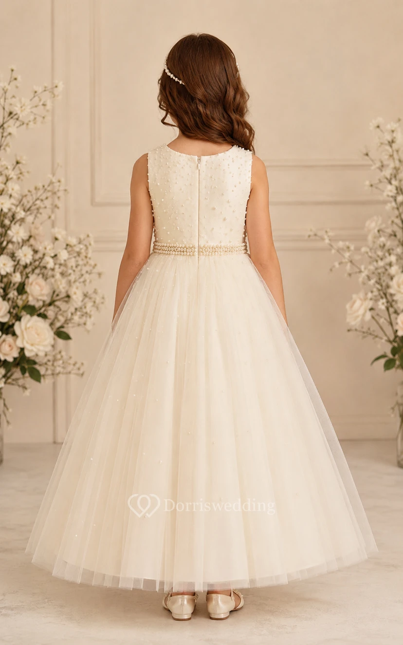 A-line Floor Length Sleeveless Tulle Lace Flower Girl Dress with Ivory beaded neckline with clean layered tulle view 2