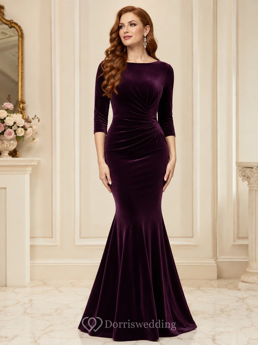 Burgundy Velvet V-Neck Long-Sleeve Mermaid Formal Evening Gown