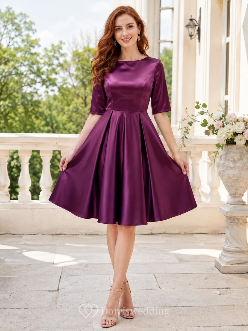 Robe de bal de fin d'année en satin prune, col bateau, manches mi-longues, plissée et évasée