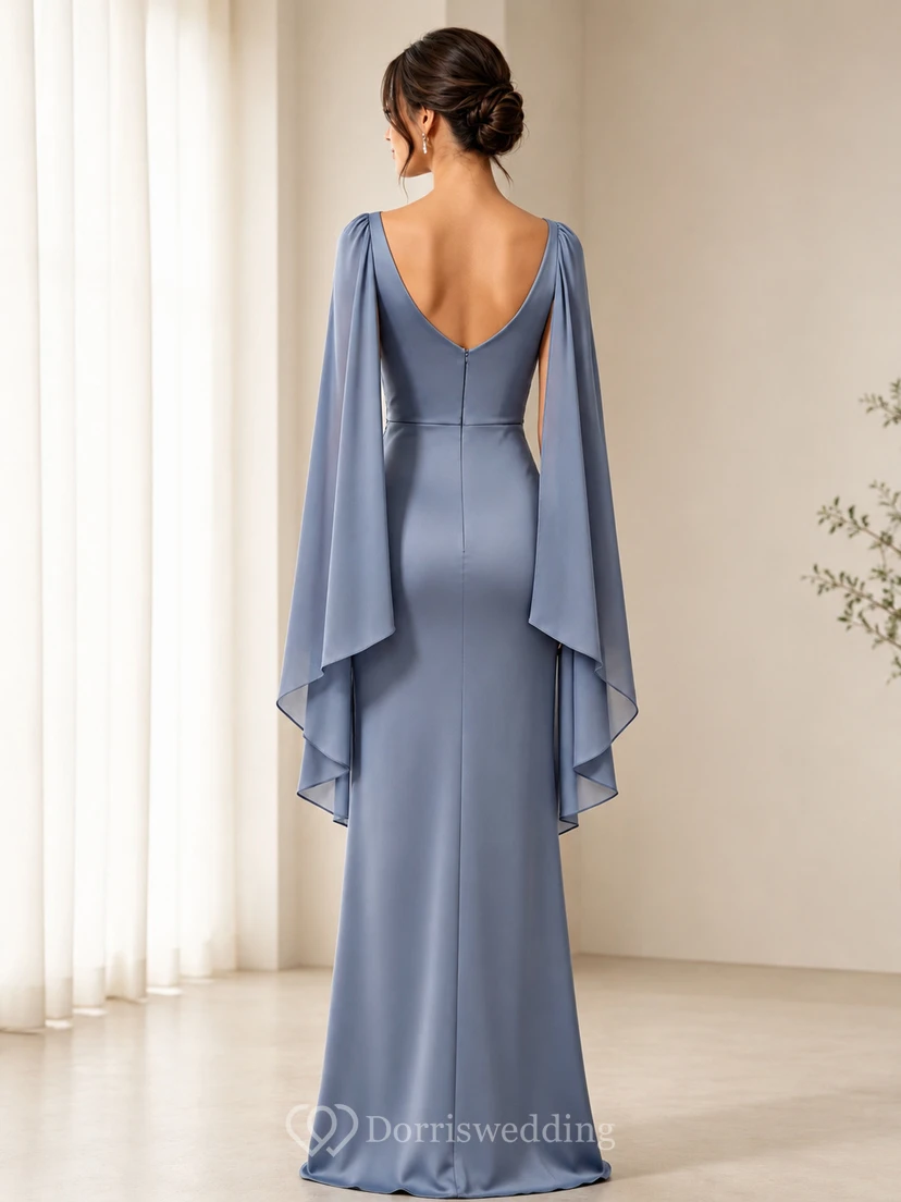 Steel Blue Cowl Neck Cape Sleeve Satin Sheath Dress view 2