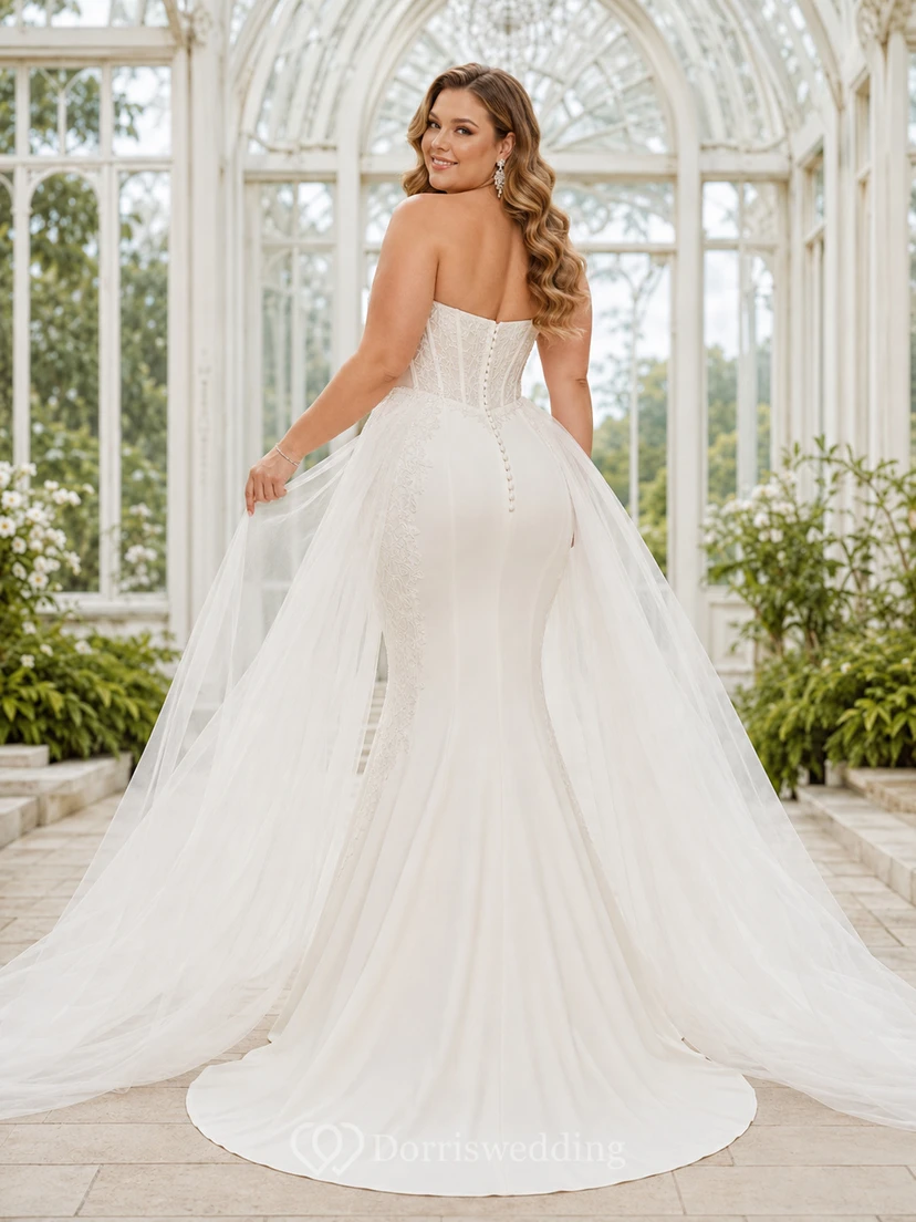 Plus Size Modern Strapless Sweetheart Satin Mermaid Court Train Wedding Dress view 2