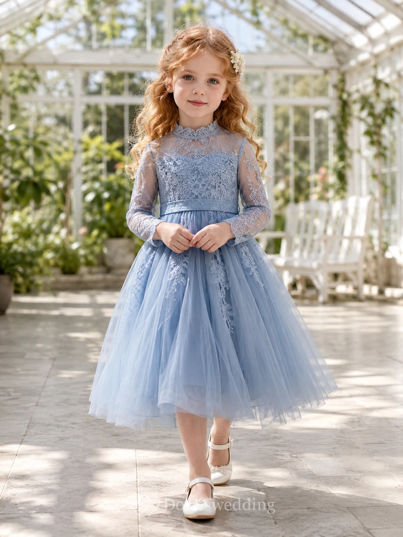 Elegantes, schieferblaues, teelanges A-Linien-Kleid aus Tüllspitze mit hohem Kragen und langen Ärmeln für Blumenmädchen