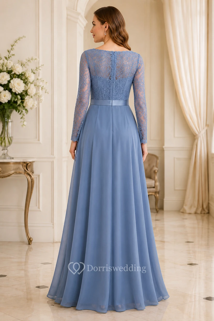Plus Size Steel Blue Long Sleeve Lace Bodice A-Line Mother Dress with Chiffon Skirt view 2