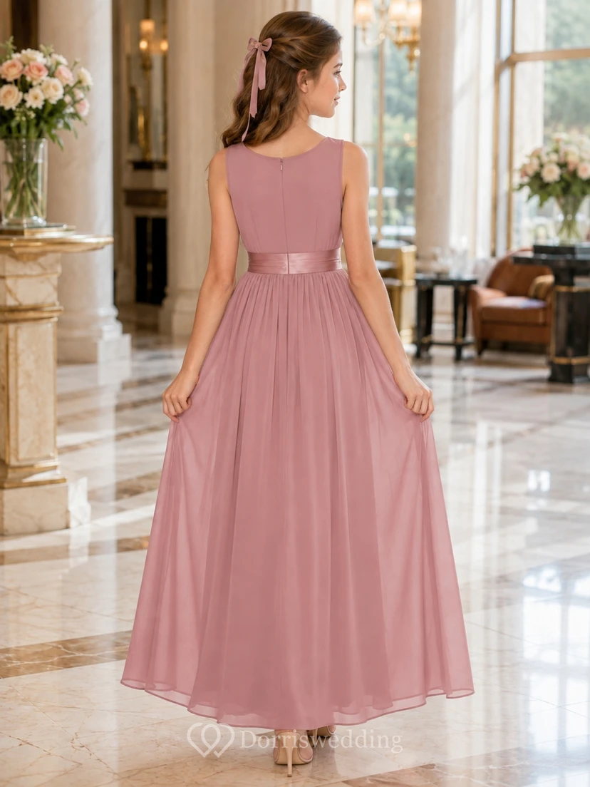 Mauvefarbenes Brautjungfernkleid, A-Linie, hoher Kragen, ärmellos, elegant view 2