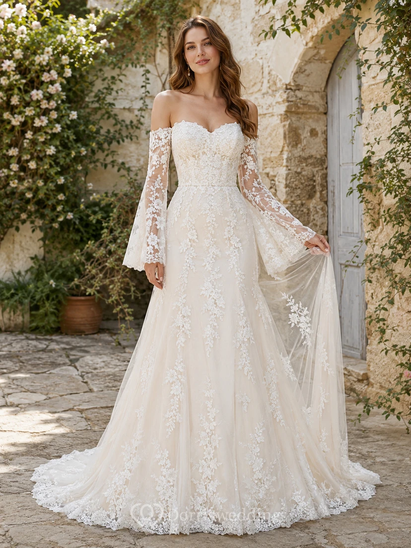 Robe de mariée bohème à épaules dénudées, manches longues cloche, dentelle florale, coupe trapèze, style court