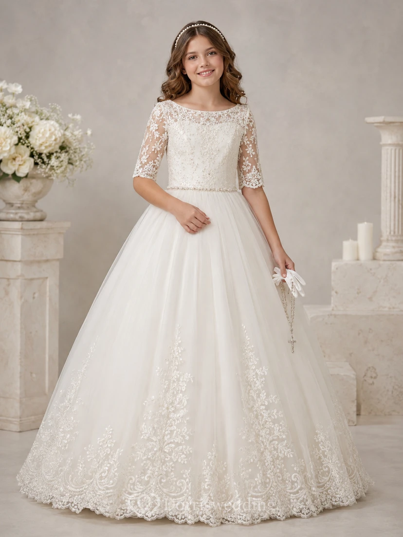 Square Illusion Neck Three Quarter Lace Sleeve Communion Ball Gown