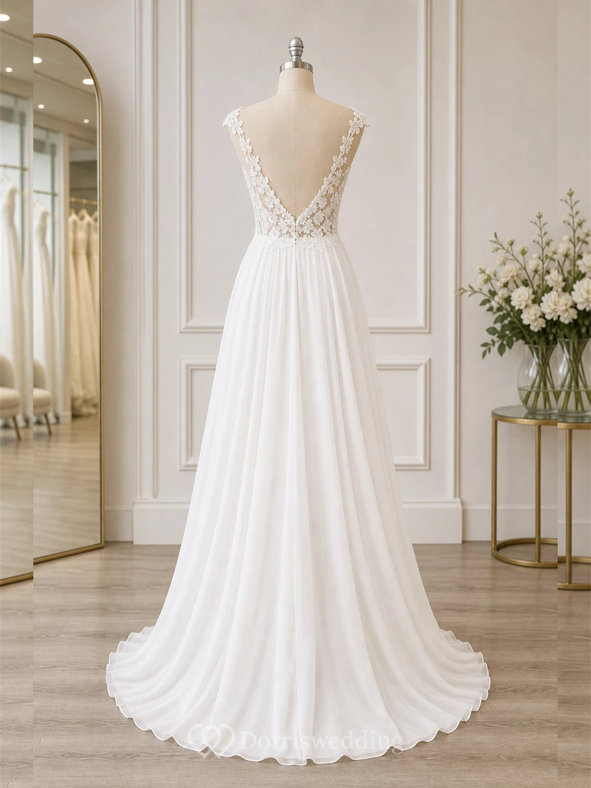 Chiffon-Etui-Brautkleid mit schulterfreiem Ausschnitt und schlichter Spitzenapplikation view 8
