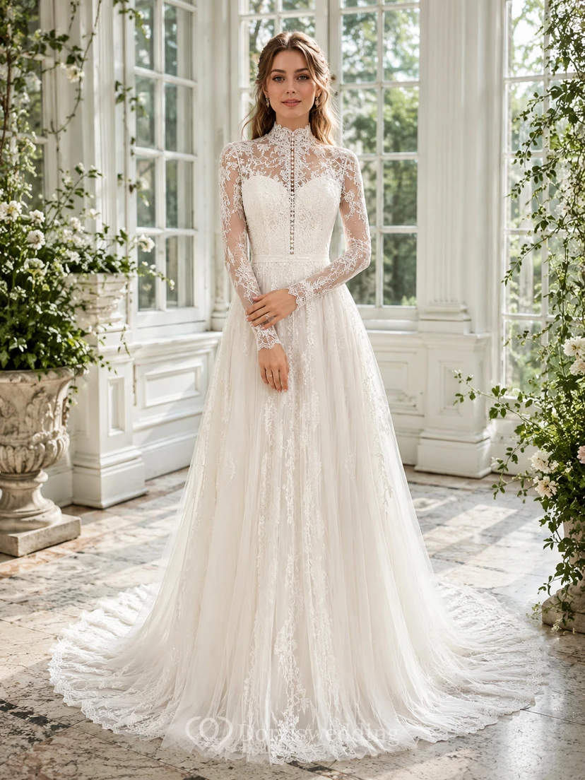 Modest High Neck Long Illusion Sleeve Floral Lace A-Line Chapel Train Wedding Dress