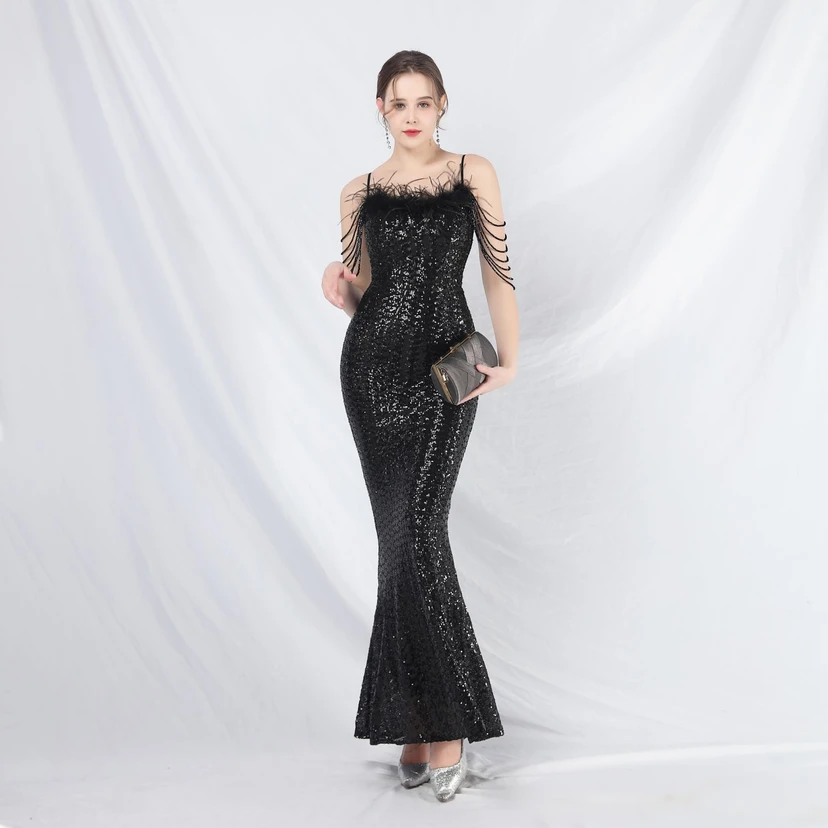 Craft Beaded Ostrich Feather Fantasy Sequined Long Evening Dress view 68