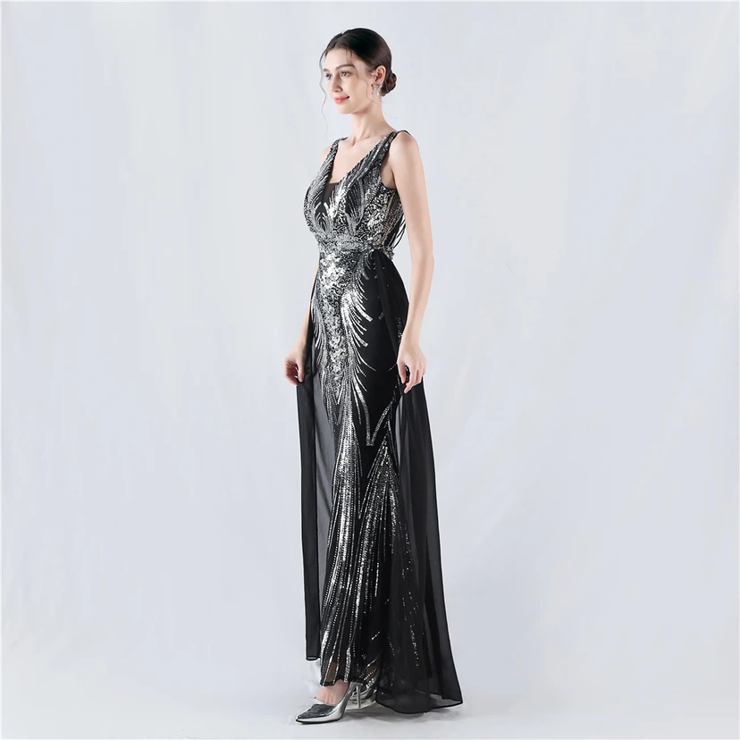 Paillettenbesetzte Blumen auf der Rückseite, Perlenstickerei mit Cape, Abendkleid für die Jahreshauptversammlung view 29