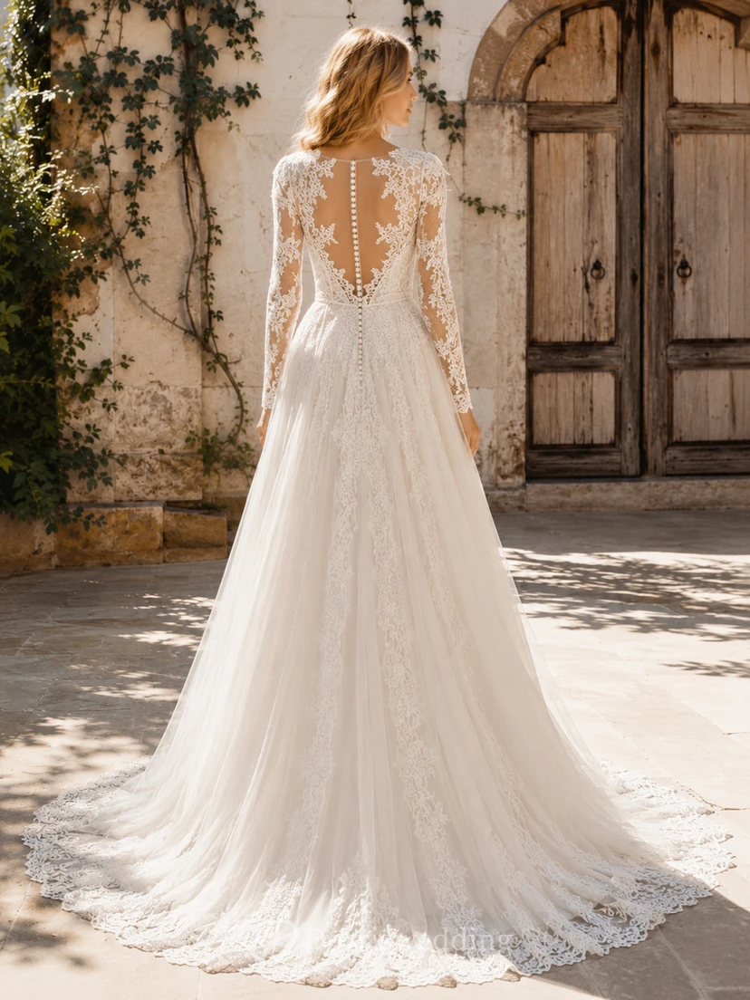 Robe de mariée bohème en dentelle, manches longues, col en V, coupe trapèze, style jardin view 2