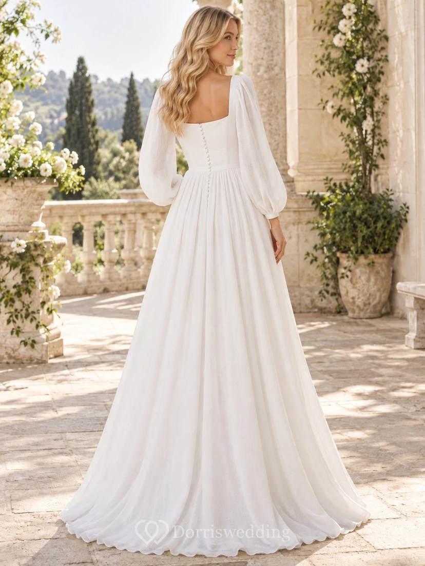 Vestido de novia sencillo de corte A con mangas largas, escote cuadrado, botones en la parte delantera, puños y fruncido. view 2