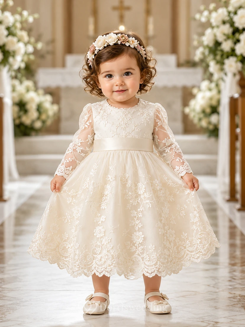Modest Baby Baptism Christening Ceremony Dress A-Line Tea-Length Jewel Neck Long Sleeve Tulle Lace Floral Detail Bow Back Button Back