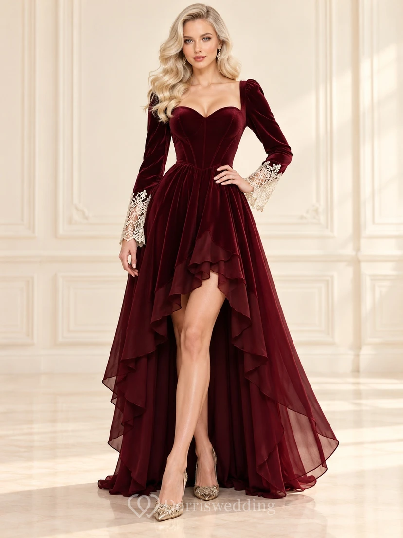 High-low Long Sleeve Burgundy Velvet Sweetheart Ruffled Formal Evening Gown