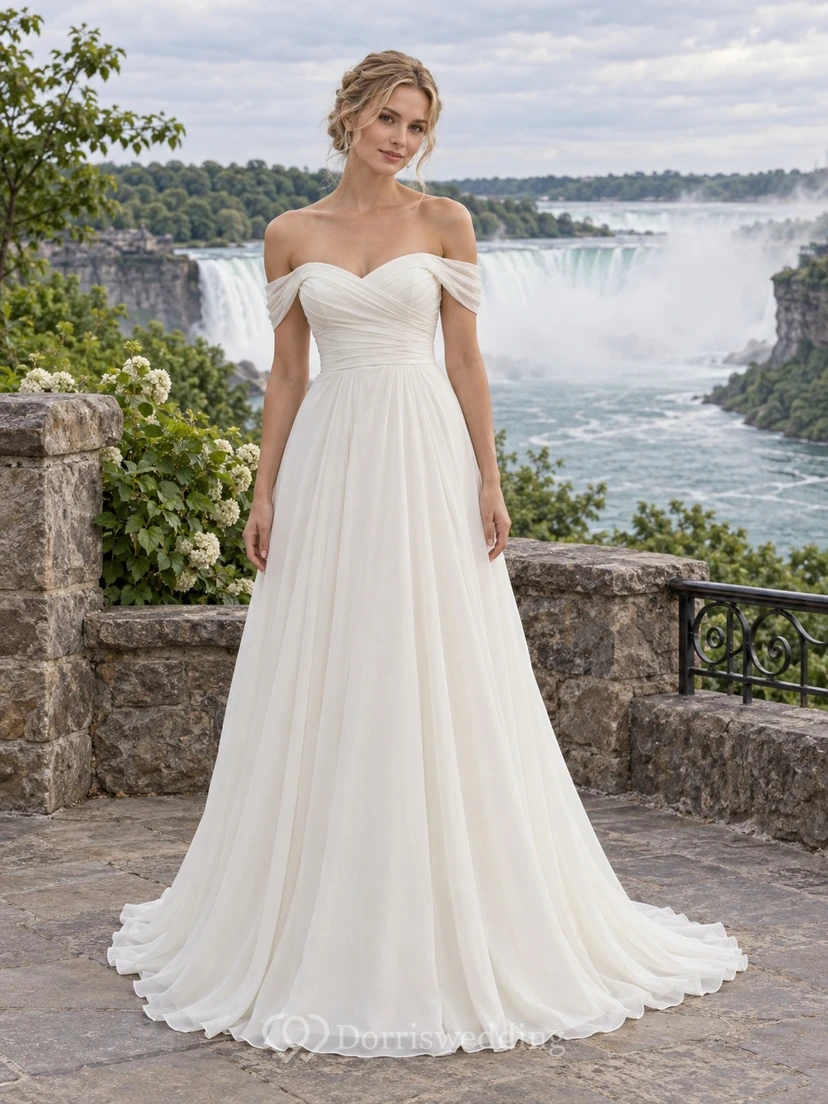 Vestido de novia sencillo de gasa fruncida con escote corazón, mangas cortas y corte en A, estilo A, con hombros descubiertos y largo hasta el suelo.
