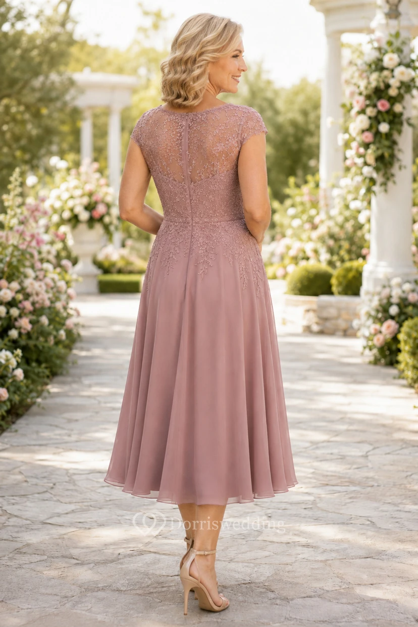 MOB-Kleid aus altrosafarbenem Chiffon mit Spitze, A-Linie, kurzen Ärmeln, U-Boot-Ausschnitt, Teelänge view 2