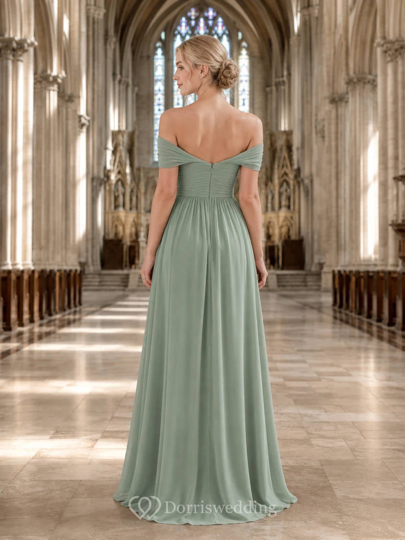Cathedral Ceremony Formal Sage Romantic Elegant A-Line Chiffon Bridesmaid Dress with Off Shoulder Sweetheart Short Sleeve Floor-Length Low Back view 2