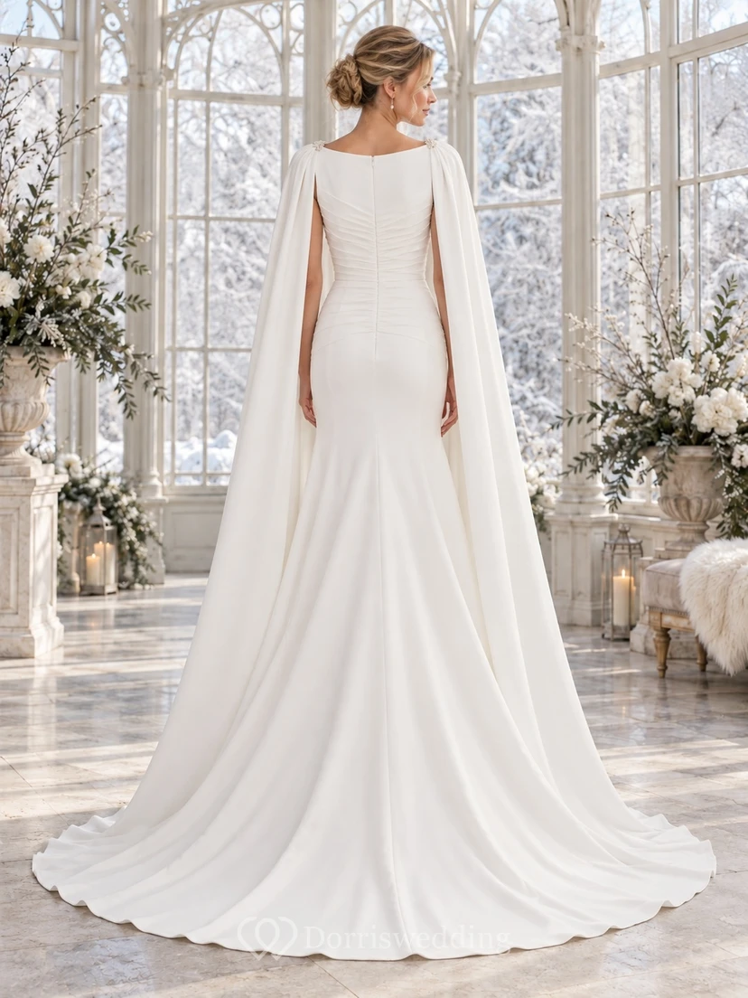 Vestido de novia sencillo de invierno con escote barco, capa de crepé y fruncido lateral. view 2