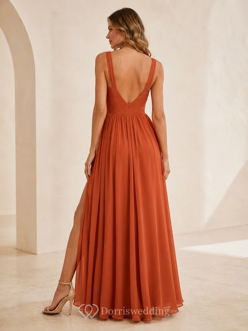 V Neck A-Line Papaya Chiffon Split Front Formal Evening Dress view 2