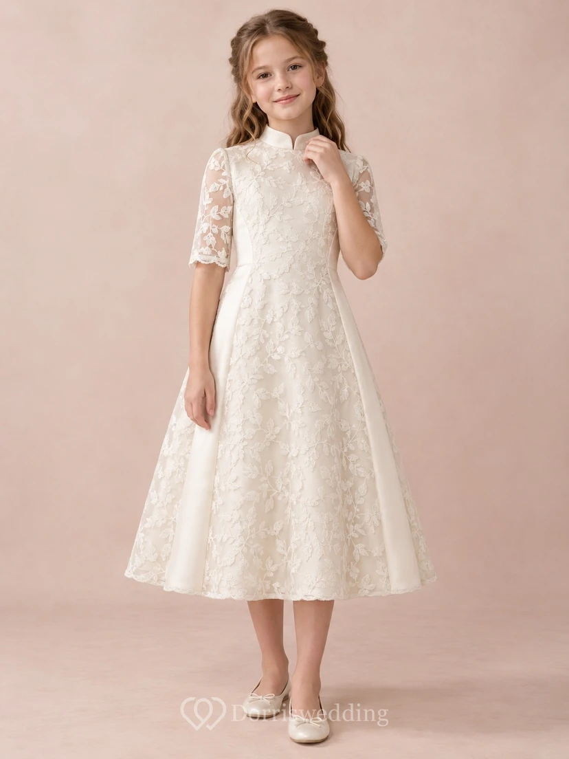 Modest High Neck Tea-length Ivory Half Sleeve Delicate Floral Lace Panel A-Line Flowergirl Dress
