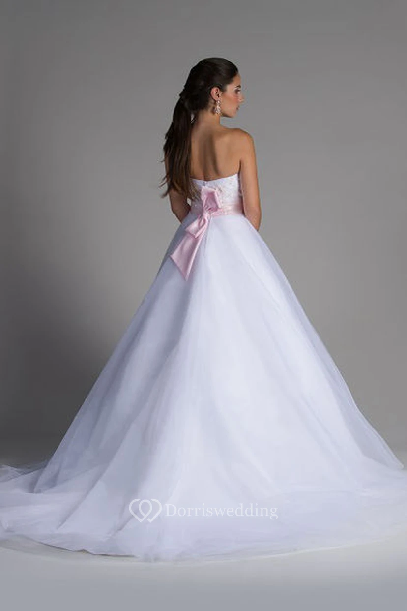 Crystal Applique Bodice Tulle Bridal Ball Gown With Pink Floral Sash view 2