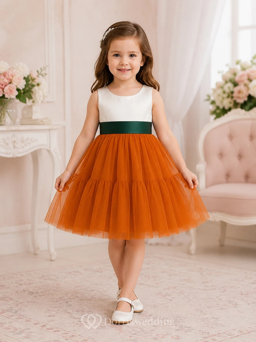 Scoop-neck Sleeveless Empire A-line Two-Tone Flowergirl Dress