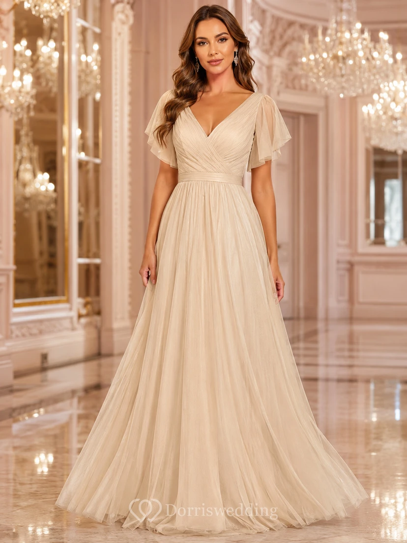 Grand Ballroom Formal Champagne Romantic Elegant A-Line Tulle Bridesmaid Dress with V-Neck Short Sleeve Floor-Length Low Back