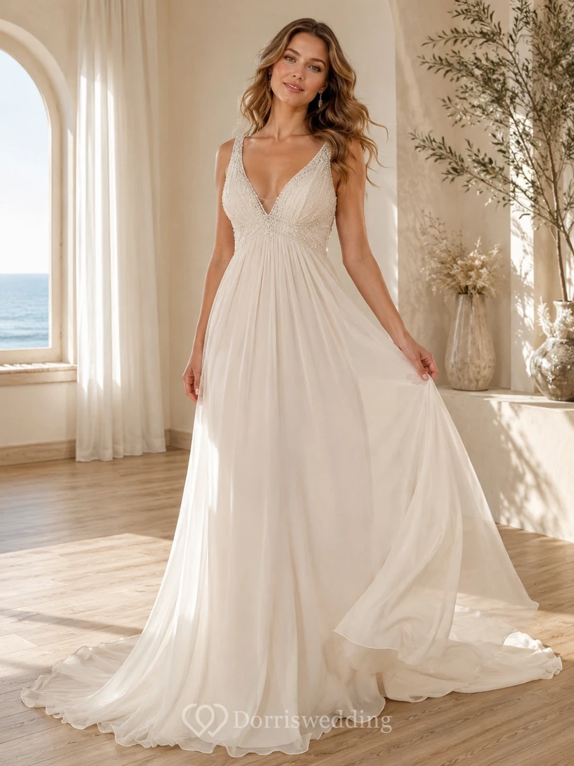 Vestido de novia playero de corte A con escote en V y cola fluida