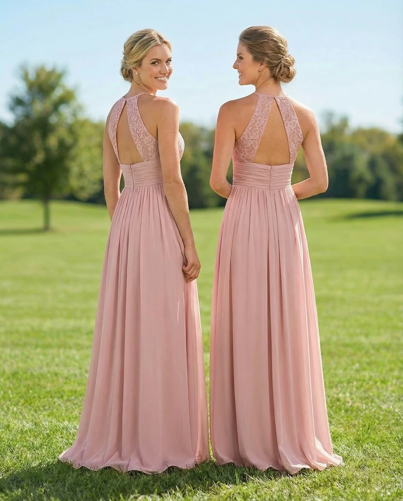High-Neck Lace Detail A-Line Bridesmaid Gown view 2