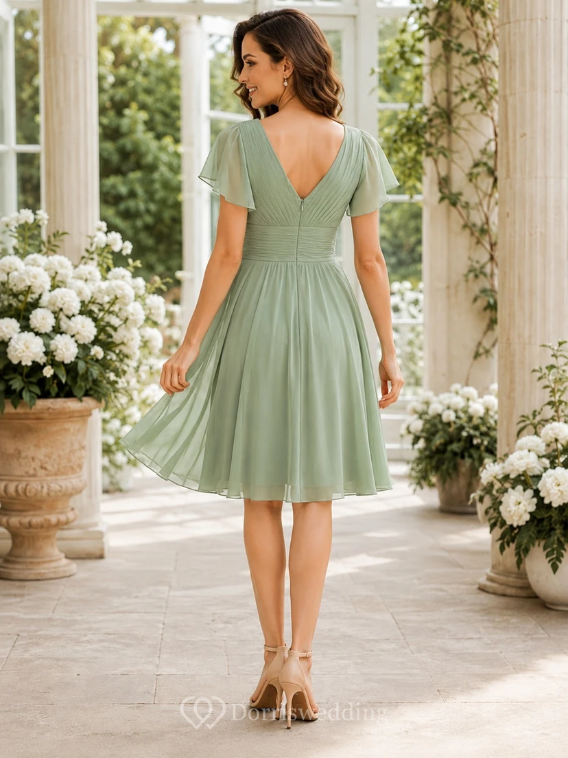 Sage V-Neck Flutter Sleeve Chiffon A-Line Knee-Length Romantic Cocktail Dress view 2