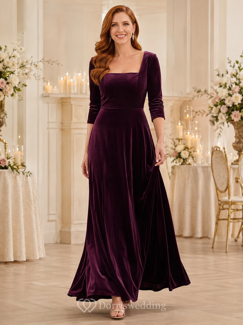 Plum Velvet Three Quarter Sleeve A Line Guest Gown