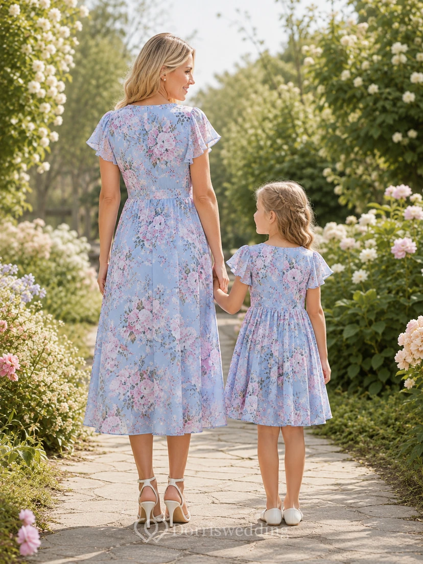 Vestido casual a juego para madre, de gasa, corte en A, largo midi, con estampado floral azul cielo de hortensias y mangas con pétalos. view 2