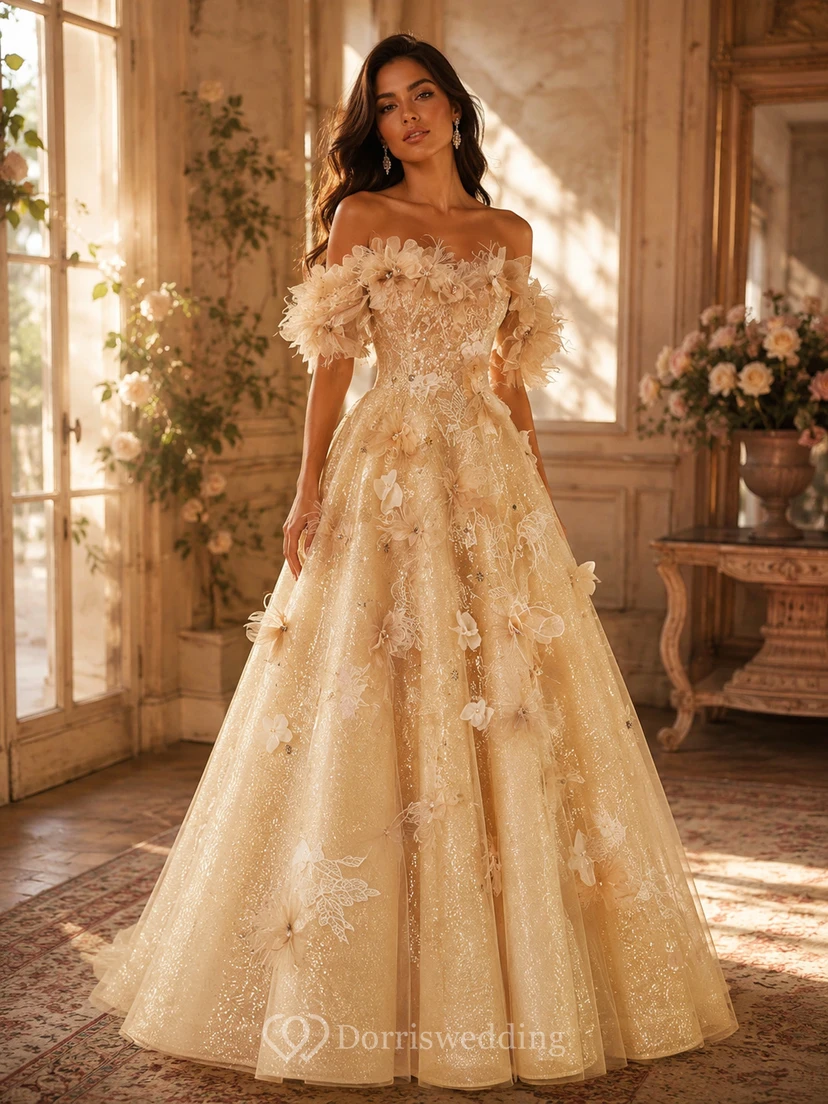 Hellblaues schulterfreies Ballkleid mit Blumenmuster view 7