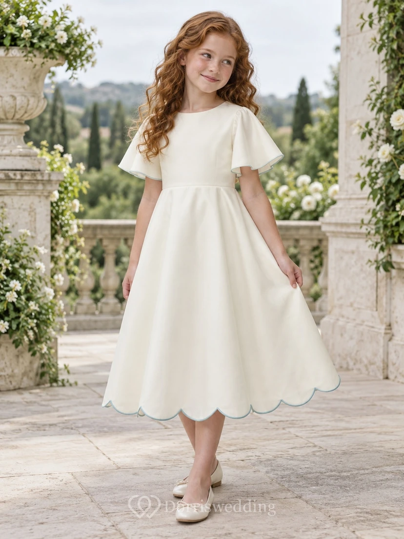 Modest Ivory Tea-length Broad Flutter Sleeve Aqua Piped Scalloped Satin Flower Girl Dress view 2