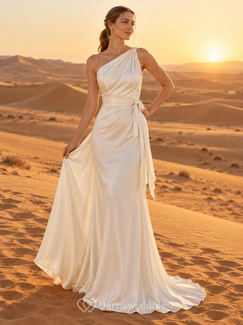 Sencillo vestido de novia asimétrico de satén fruncido con fajín lateral.
