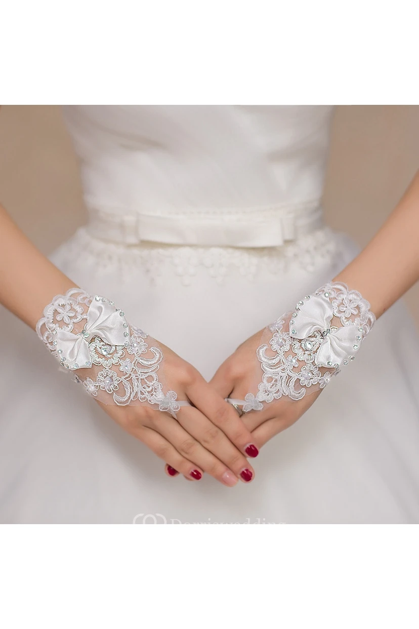 New White Bow Lace Diamond Hook Short Paragraph Gloves