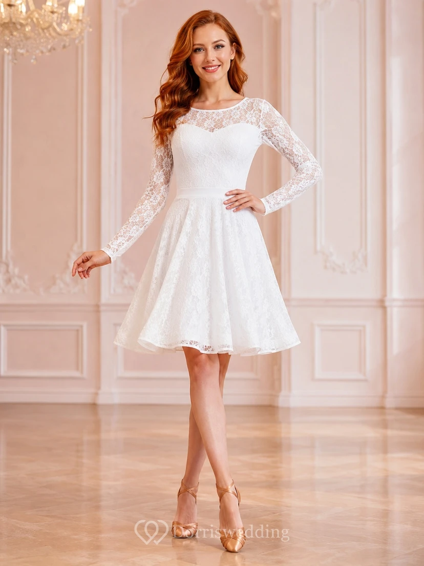 White Lace Jewel Neck Long Sleeve A-Line Short/Mini Romantic Modern Elegant Dance Cocktail Dress