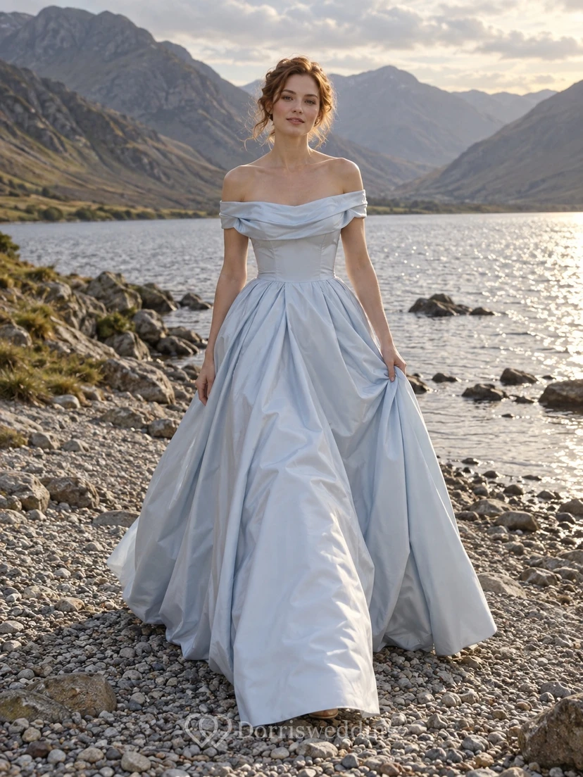 Vestido de novia de tafetán azul cielo con hombros descubiertos y sin mangas