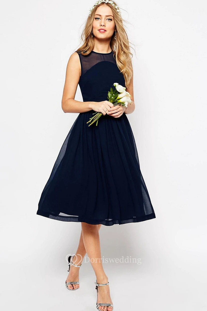A-Line Sleeveless Knee-Length Pleated Scoop-Neck Chiffon Bridesmaid Dress view 3