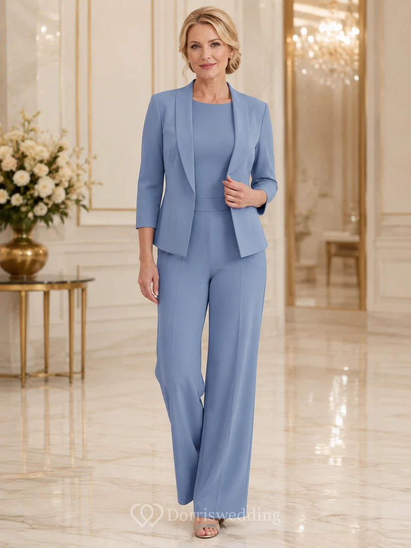 Steel Blue Mother Pantsuit with Tailored Three Quarter Sleeve Jacket and Wide Leg Pants