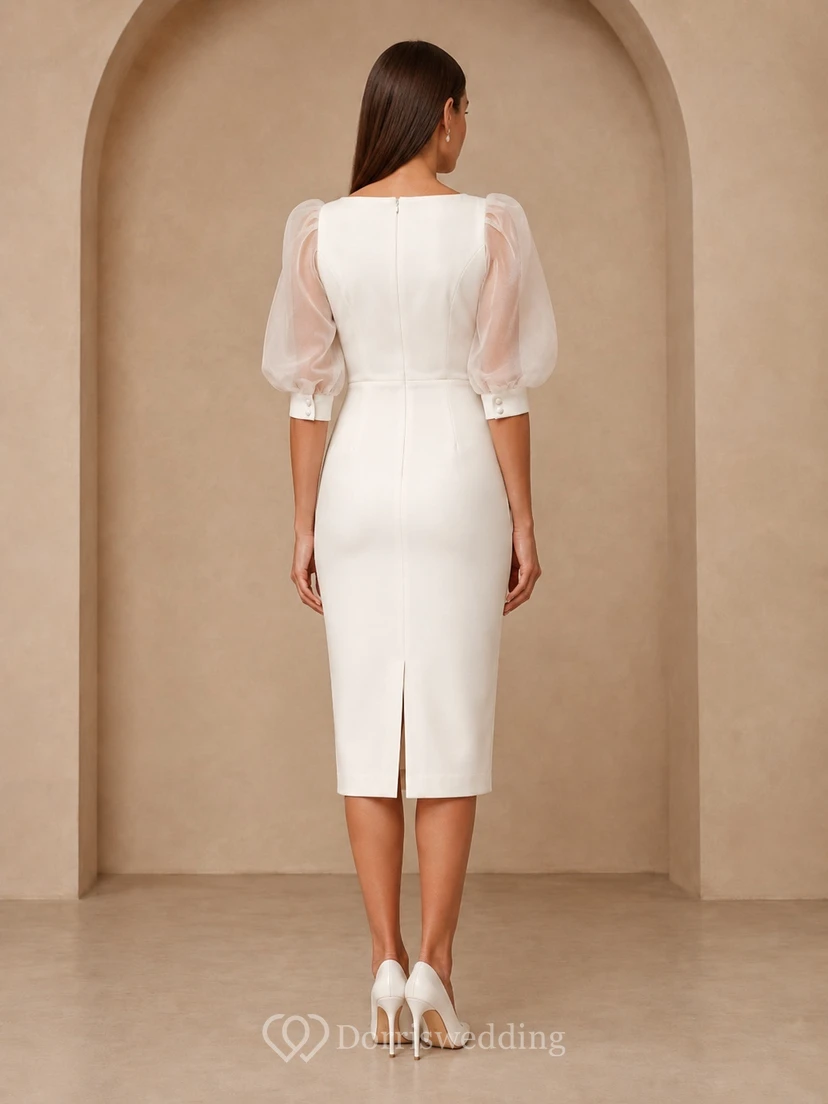 White Bateau Puff Sleeve Satin Pencil Tea-Length Modern Cocktail Dress view 2
